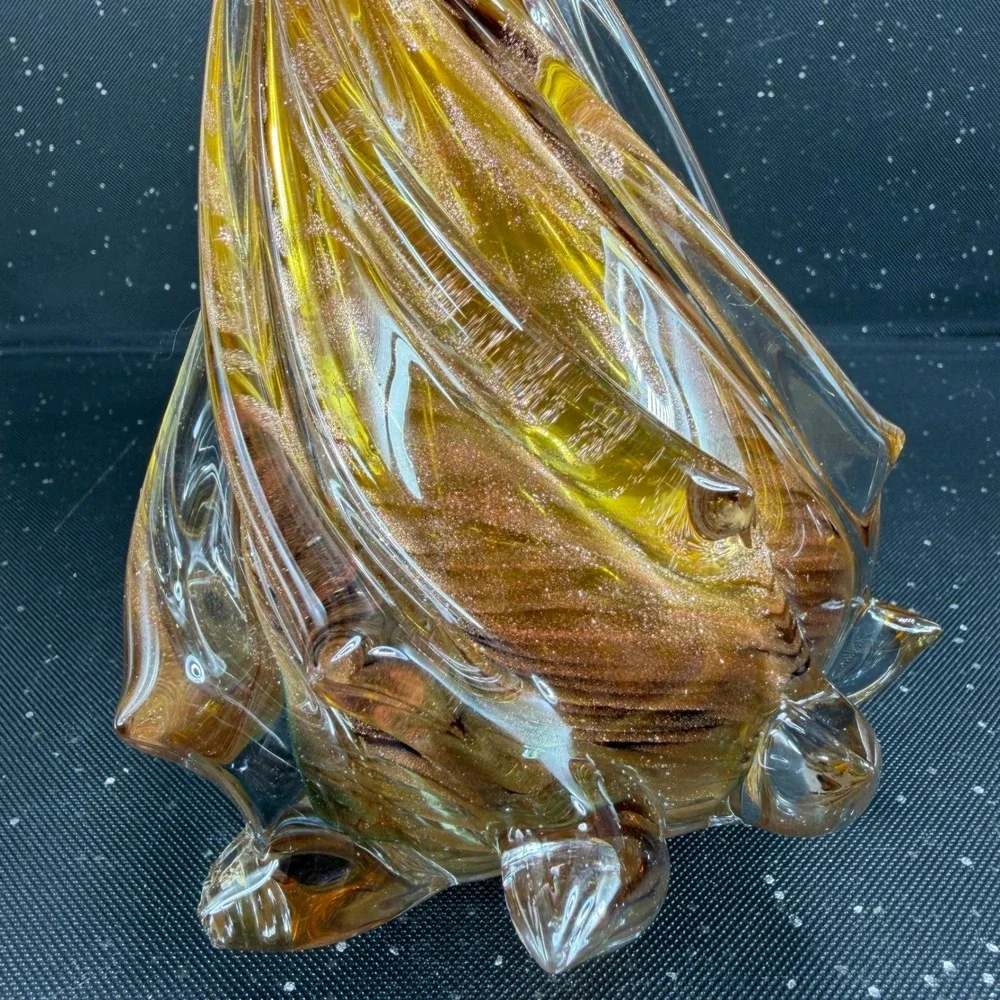 Pier 1 Art Glass Christmas Tree Figurine Amber Copper Glitter 8inch Paperweight